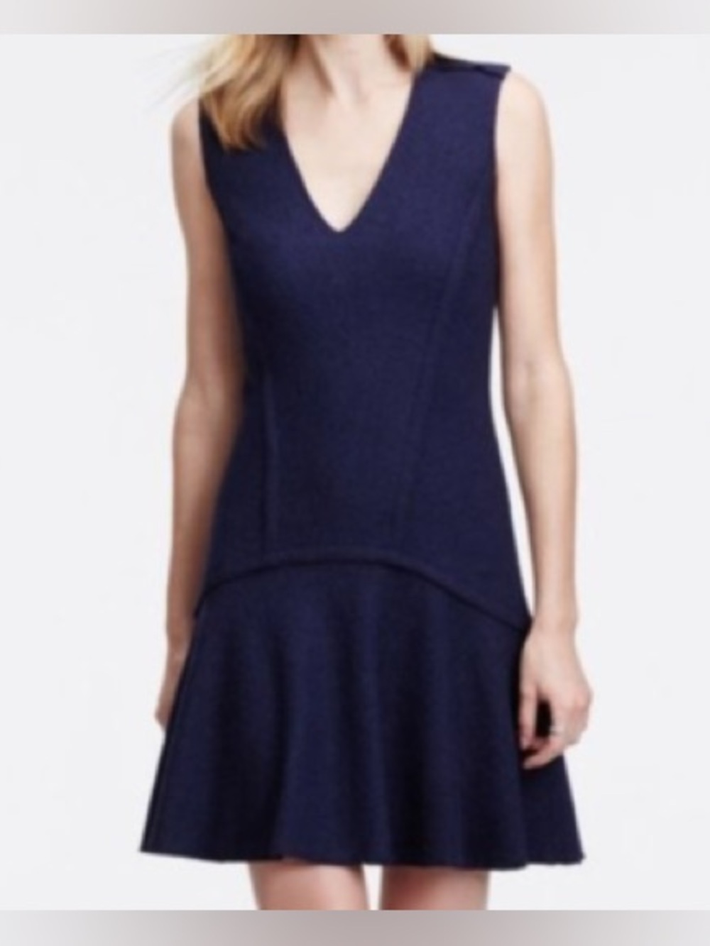 Ann Taylor Navy boiled wool v neck flounce sheath dress